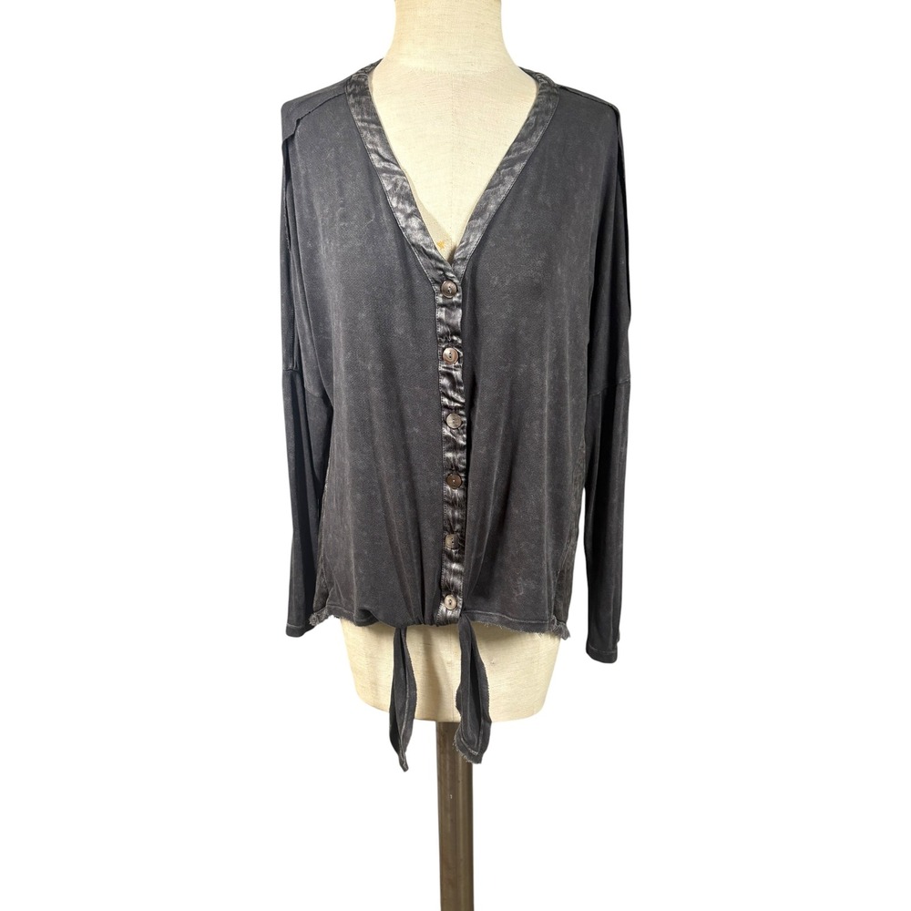 NWT XCVI Mineral Wash Button Tie Front Top Gray Satin S Lagenlook Artsy Boho